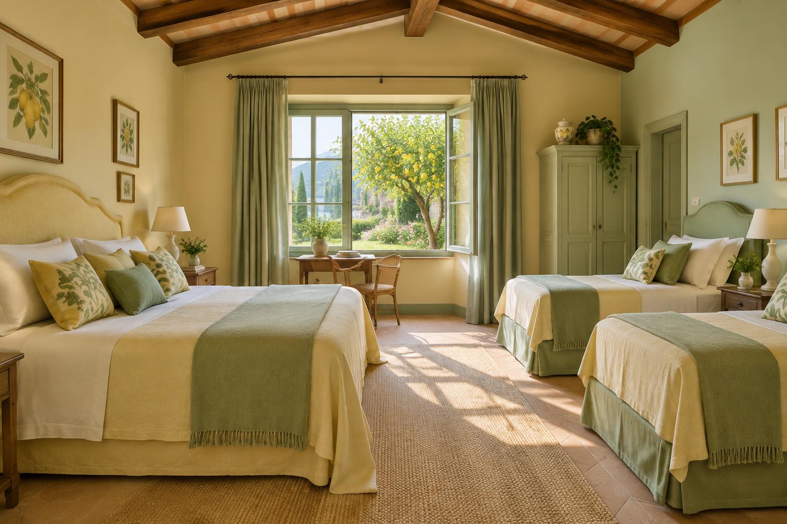 Camera Limonaia: letto matrimoniale e due letti singoli con tessuti giallo tenue e verde, finestra sul giardino di limoni