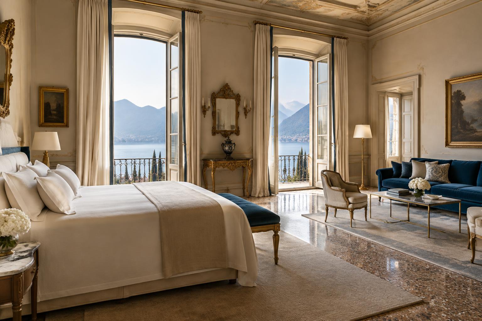 Suite Benaco: camera con letto king size, salotto in velluto blu e portefinestre aperte sul Lago di Garda