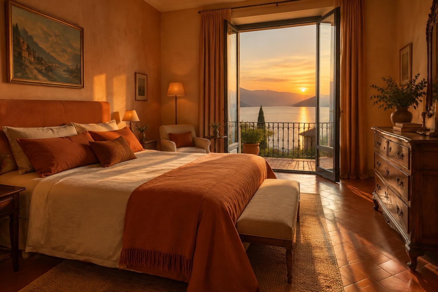 Camera Vespero al tramonto: letto king con tessuti color terracotta e portafinestra aperta sul lago