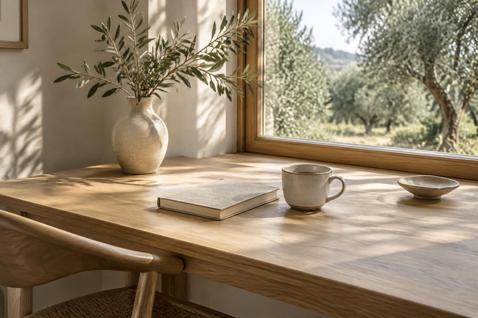 Dettaglio della scrivania in rovere della Camera Uliveto con taccuino, tazza e rametto d'ulivo