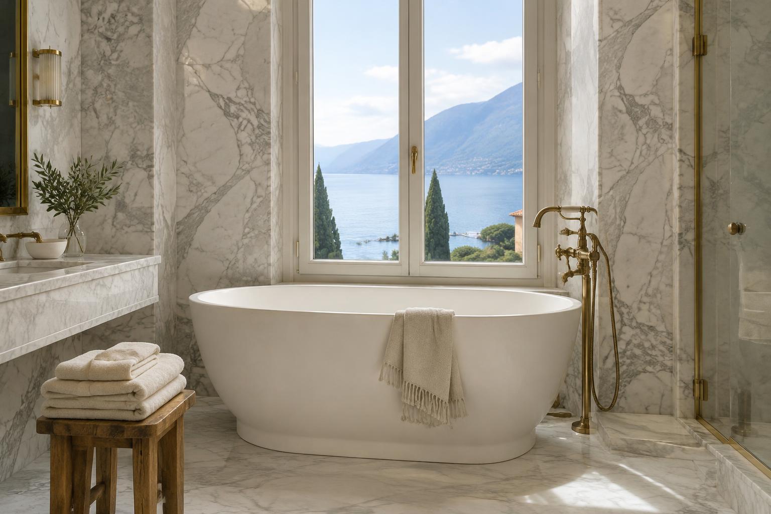 Bagno in marmo di Carrara della Suite Benaco con vasca freestanding davanti alla finestra sul lago