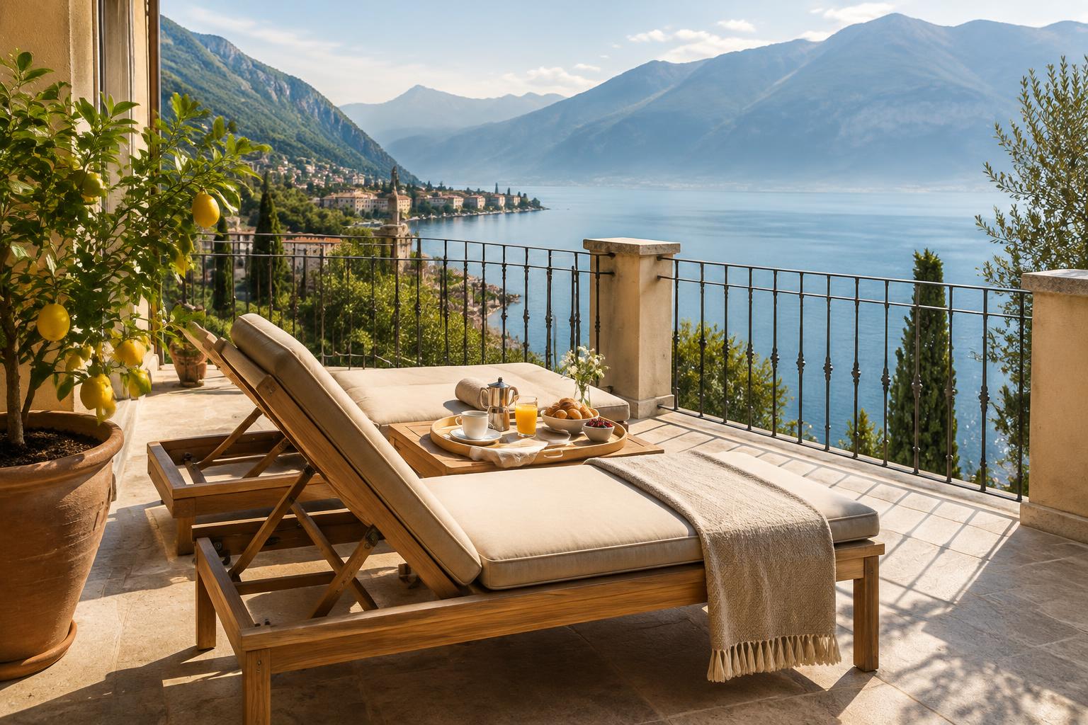 Terrazza privata della Suite Benaco con lettini in teak, colazione servita e vista sul lago