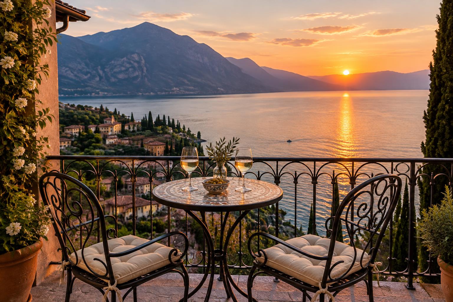 Balcone della Camera Vespero con due sedie in ferro battuto e tavolino affacciati sul lago al tramonto