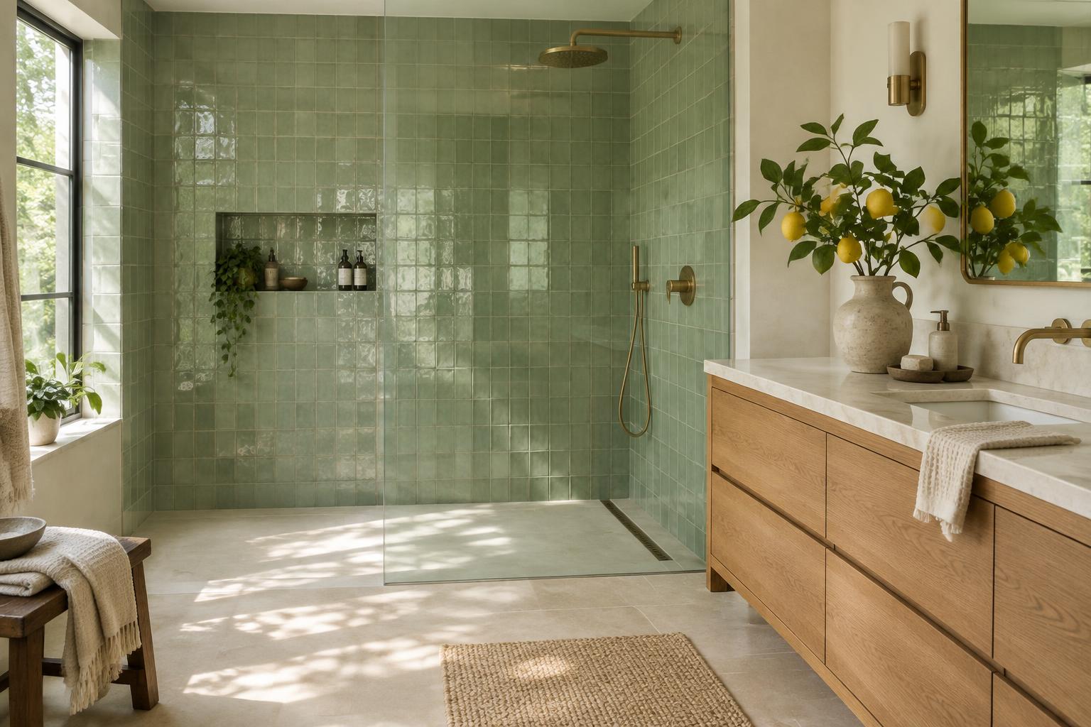 Bagno della Camera Limonaia con ampia doccia rivestita in piastrelle verde salvia e mobile in rovere