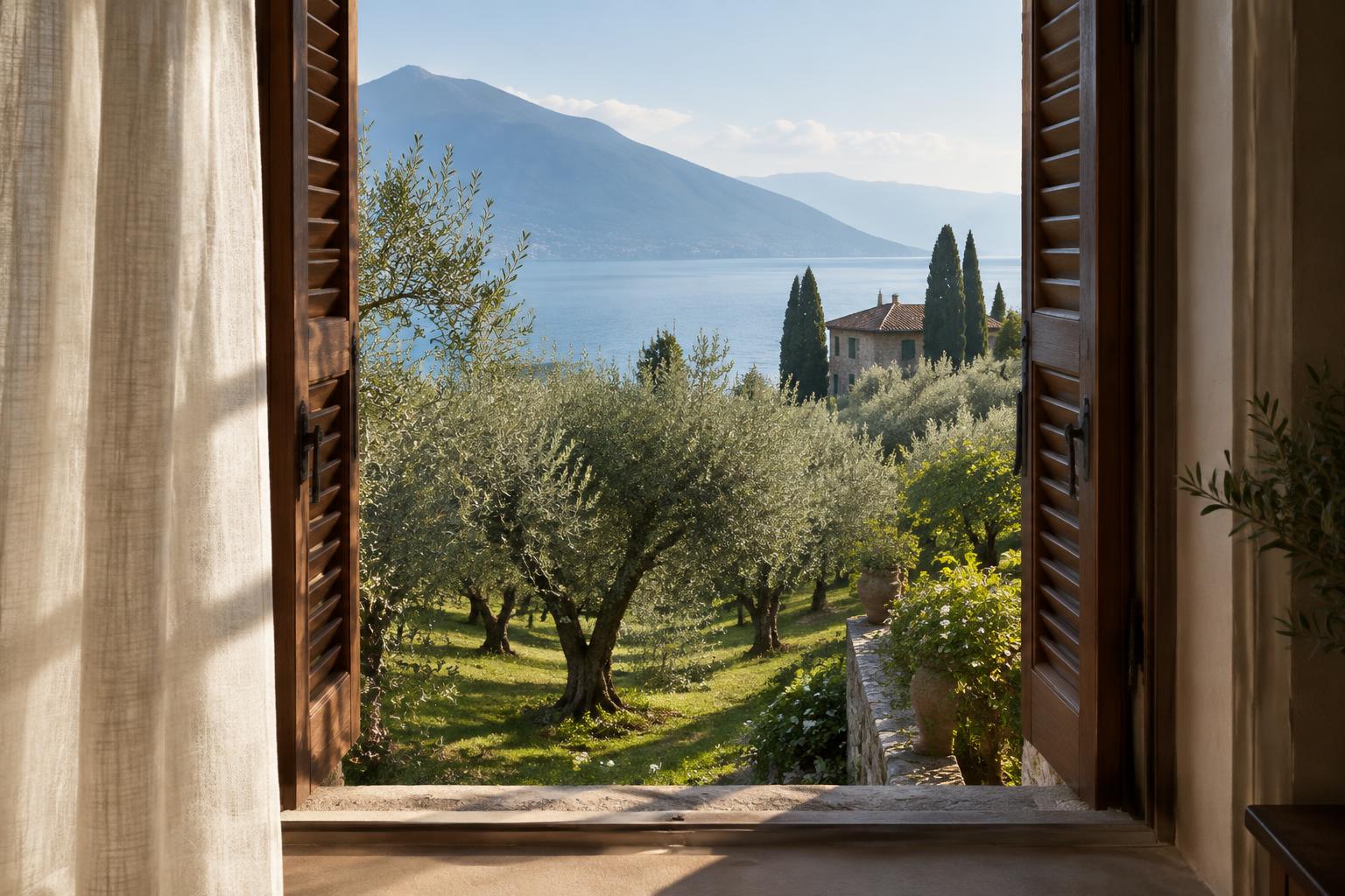 Vista dalla finestra della Camera Uliveto: uliveto della villa e, sullo sfondo, il Lago di Garda
