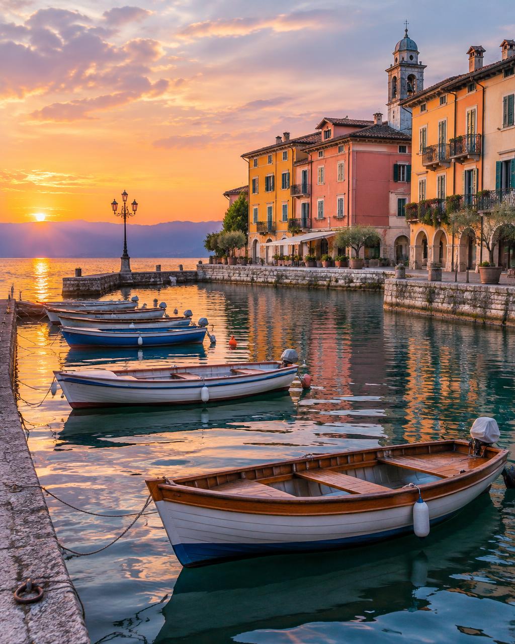Barche di legno ormeggiate nel porto vecchio di Desenzano del Garda al tramonto