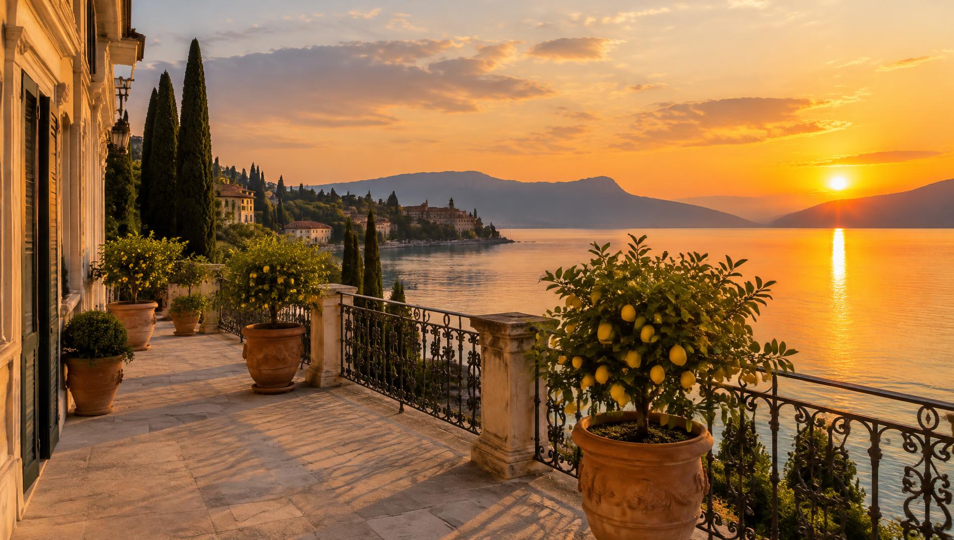 Terrazza in pietra con limoni in vaso affacciata sul Lago di Garda al tramonto