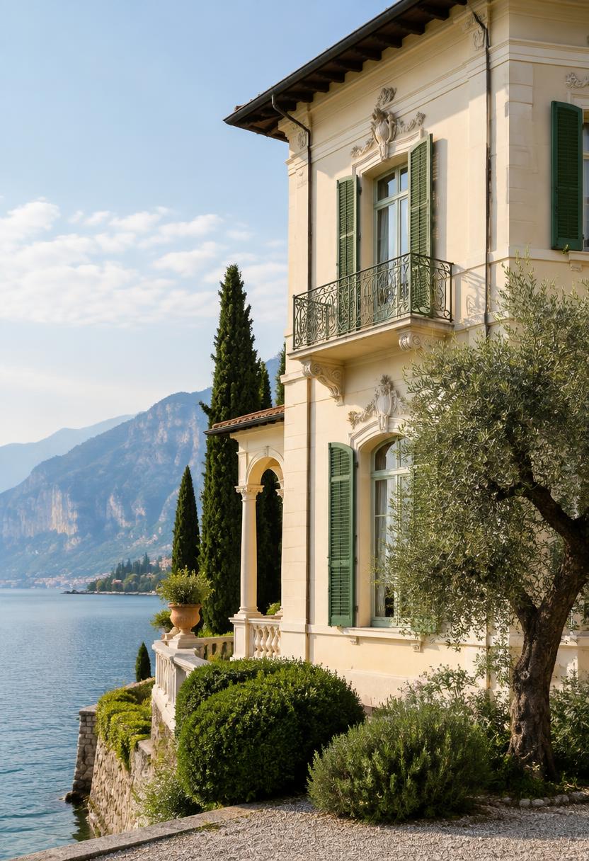 Facciata color avorio di Villa Benaco con persiane verdi, cipressi e ulivo affacciata sul lago