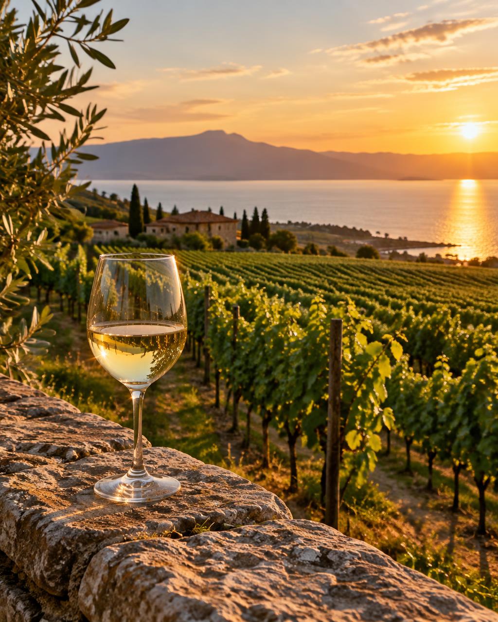 Calice di Lugana su un muretto di pietra davanti ai vigneti e al lago al tramonto