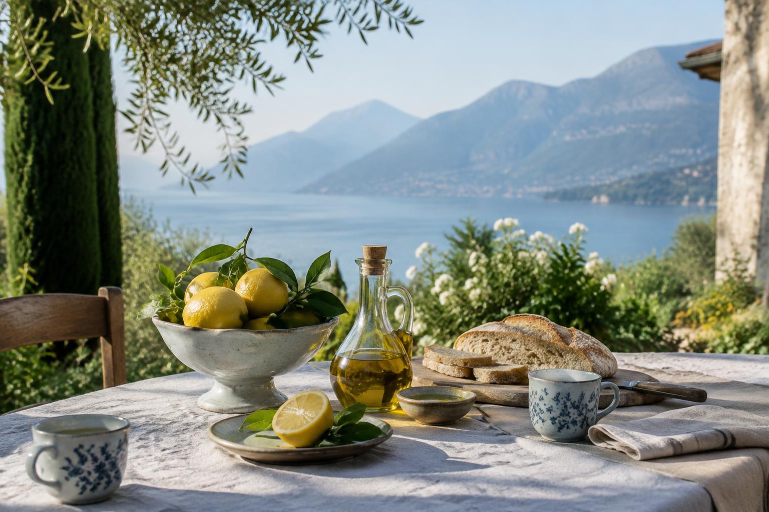 Tavola della colazione in giardino con limoni, olio d'oliva, pane e tazze in ceramica, il lago sullo sfondo