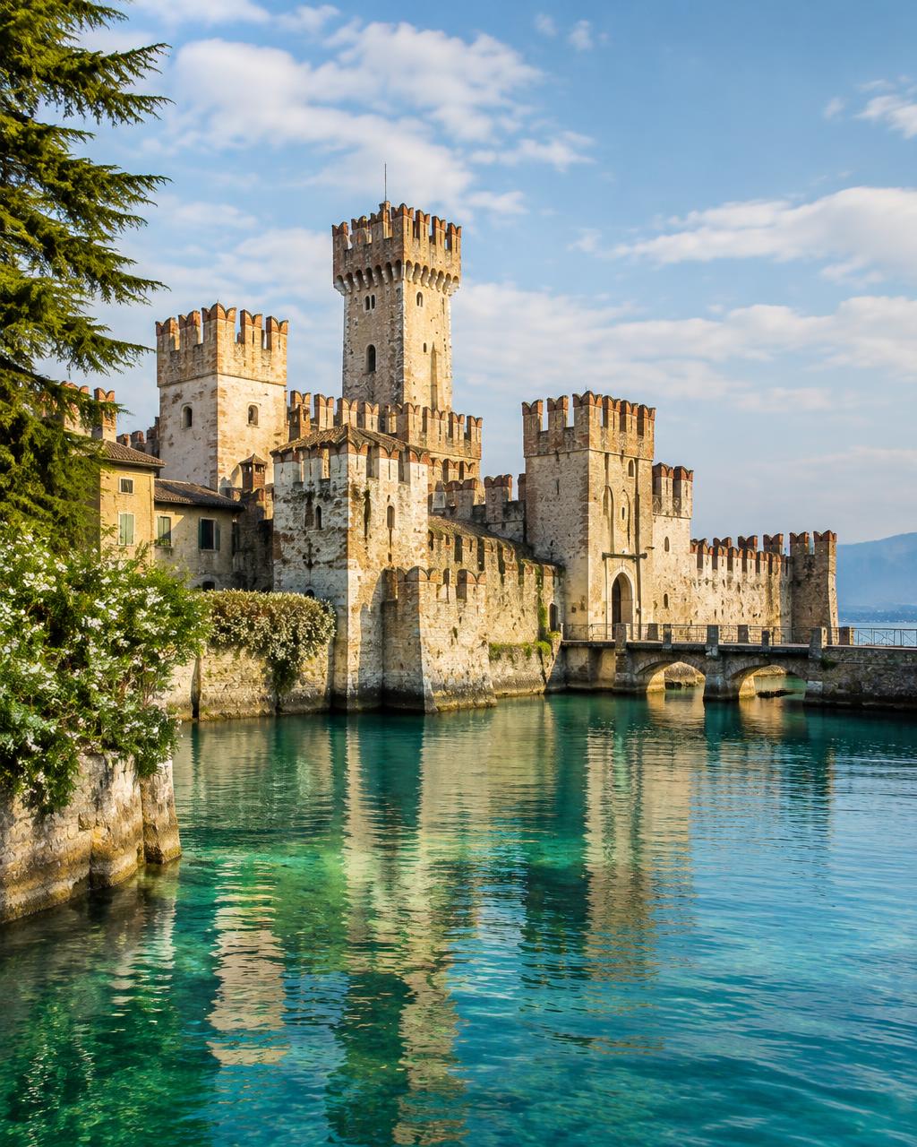 Castello Scaligero di Sirmione circondato dalle acque turchesi del Lago di Garda