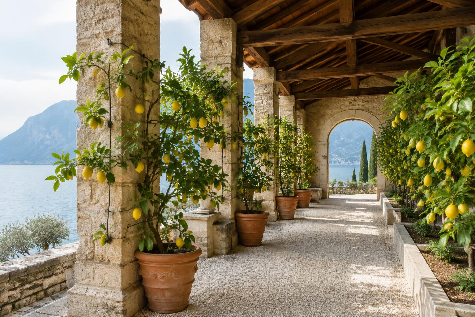 Limonaia storica di Villa Benaco con pilastri in pietra, travi di legno e alberi di limone